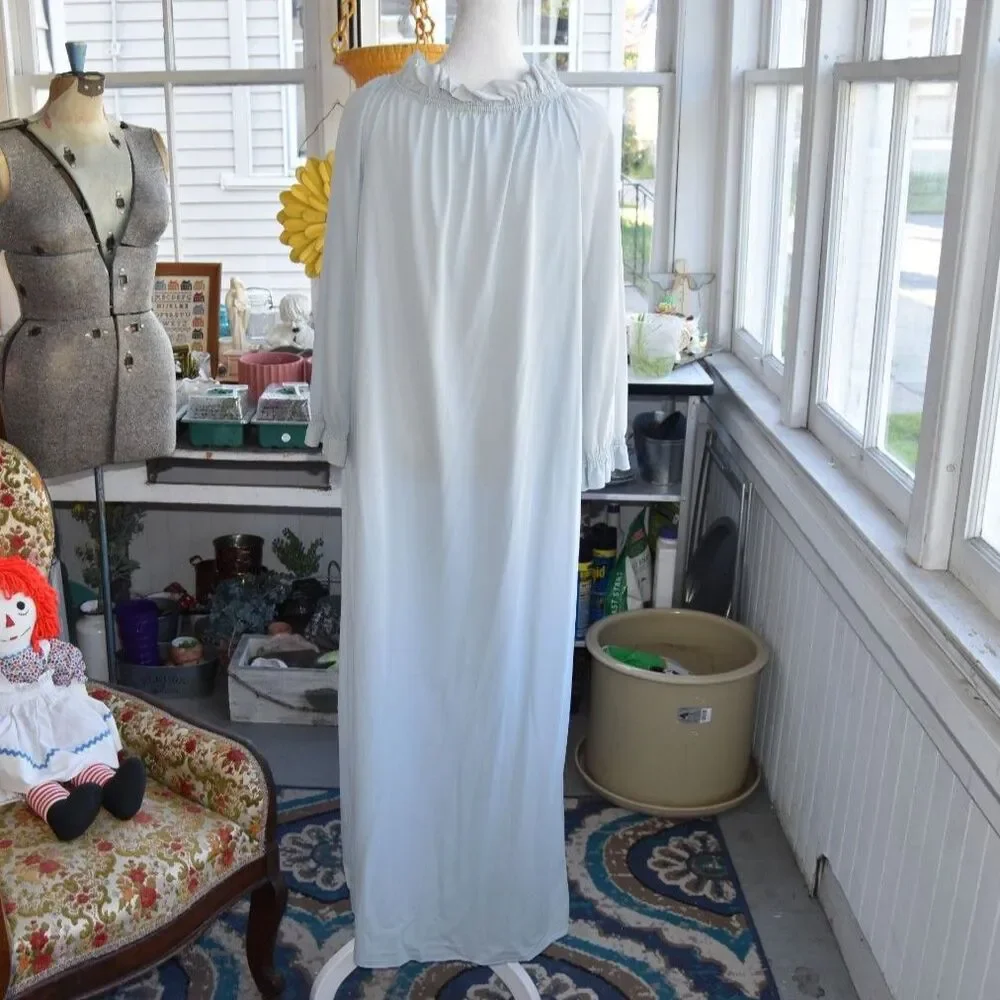 Vintage 70s Blue Prairie Nightgown Maxi Dress Ruffle Collar Boho L XL